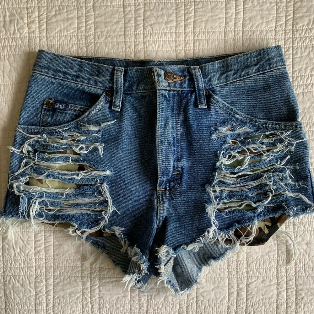 High waisted camo denim shorts